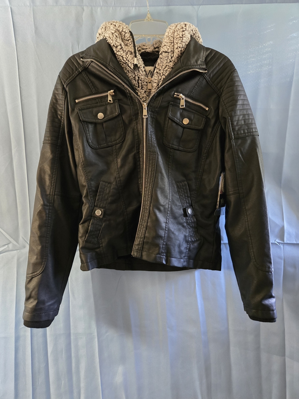 YMI Mabel Women's Black Hooded Faux Fur Lined Full Zip Biker Jacket, Size L NWT